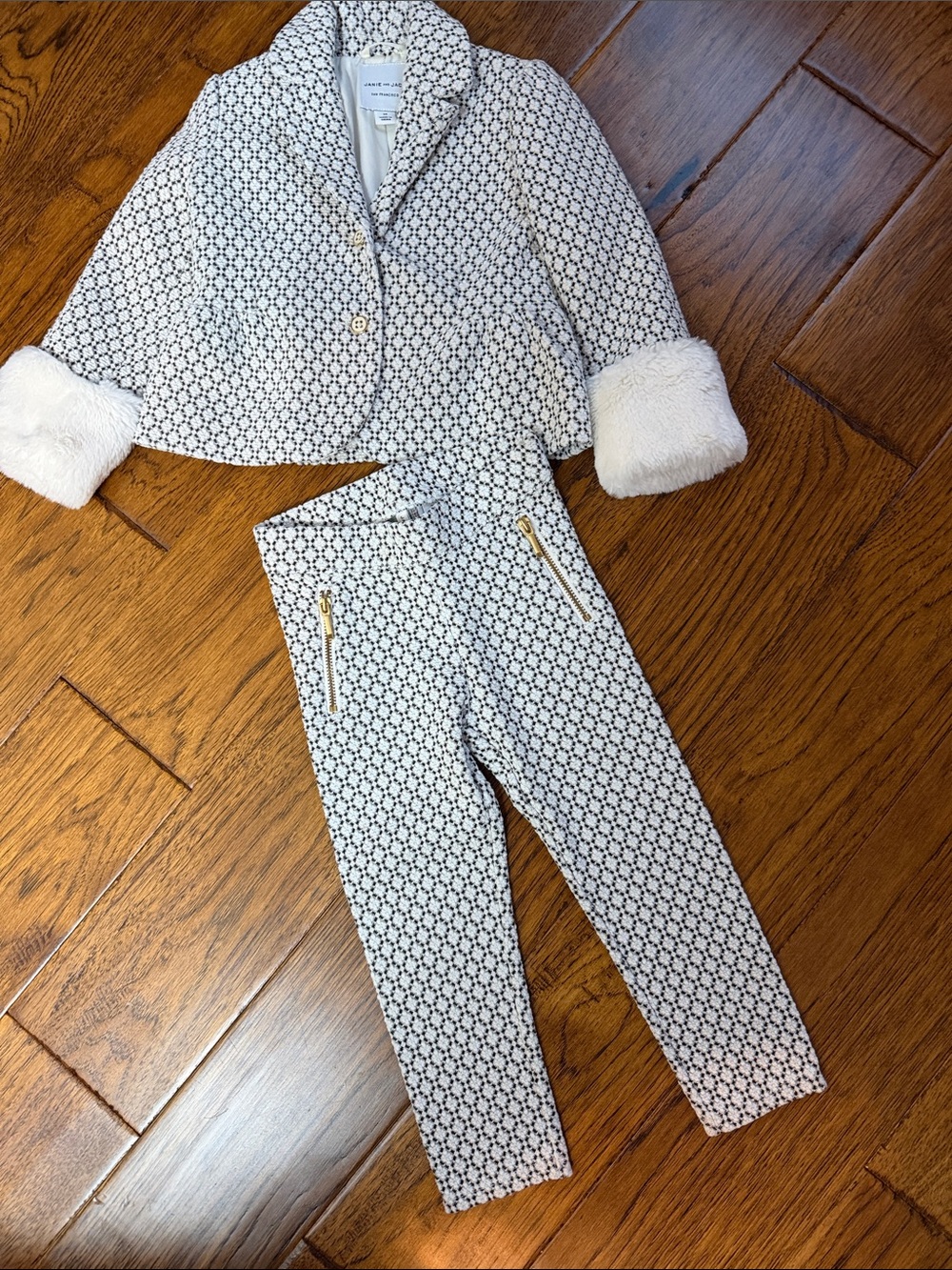 Janie and Jack  White and Black Patterned Girls Set with Faux Fur Cuffs